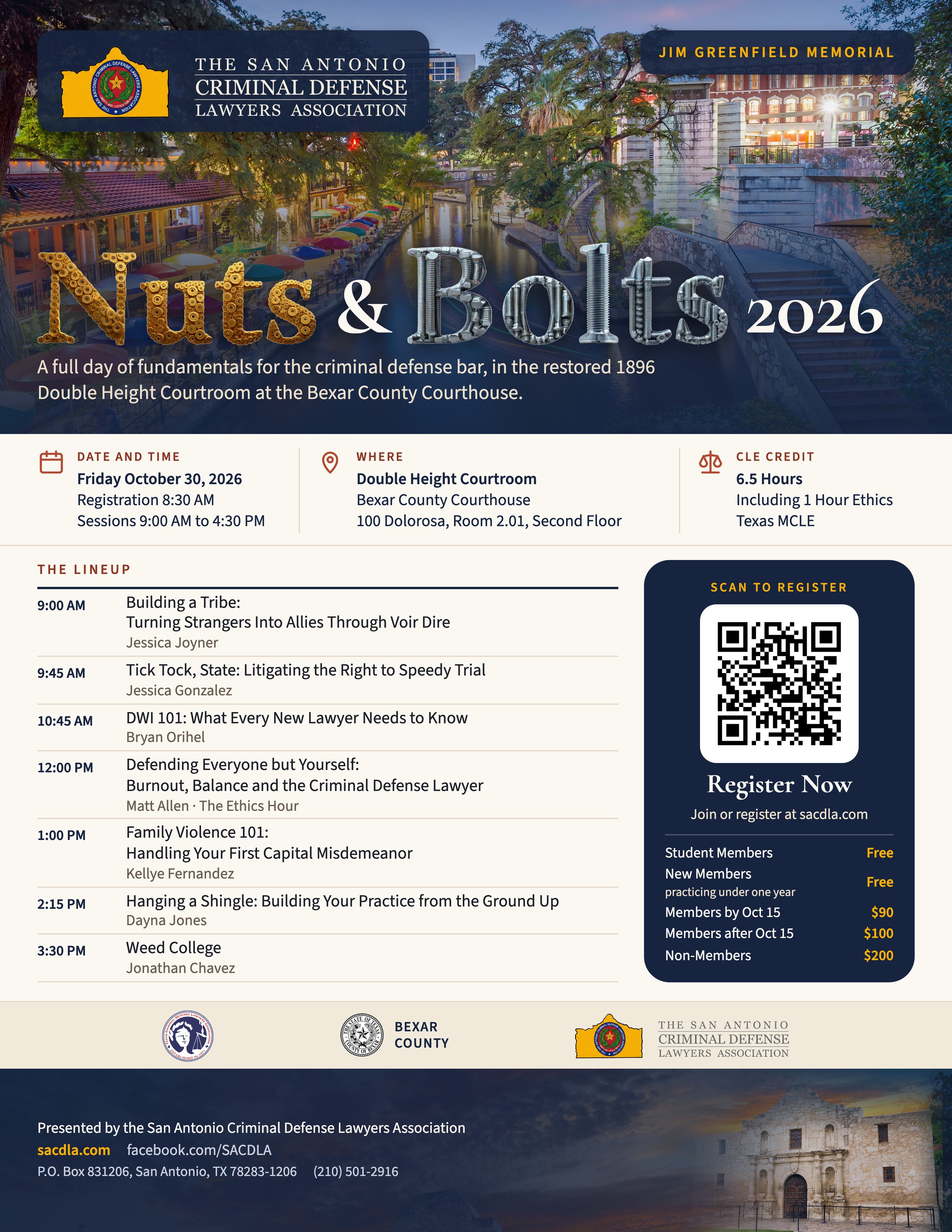SACDLA Jim Greenfield Memorial Nuts and Bolts 2026 poster: Friday, October 30, 2026, Double Height Courtroom, Bexar County Courthouse; 6.5 hours of Texas MCLE credit including 1 hour of ethics; the seven-session lineup; register at sacdla.com.
