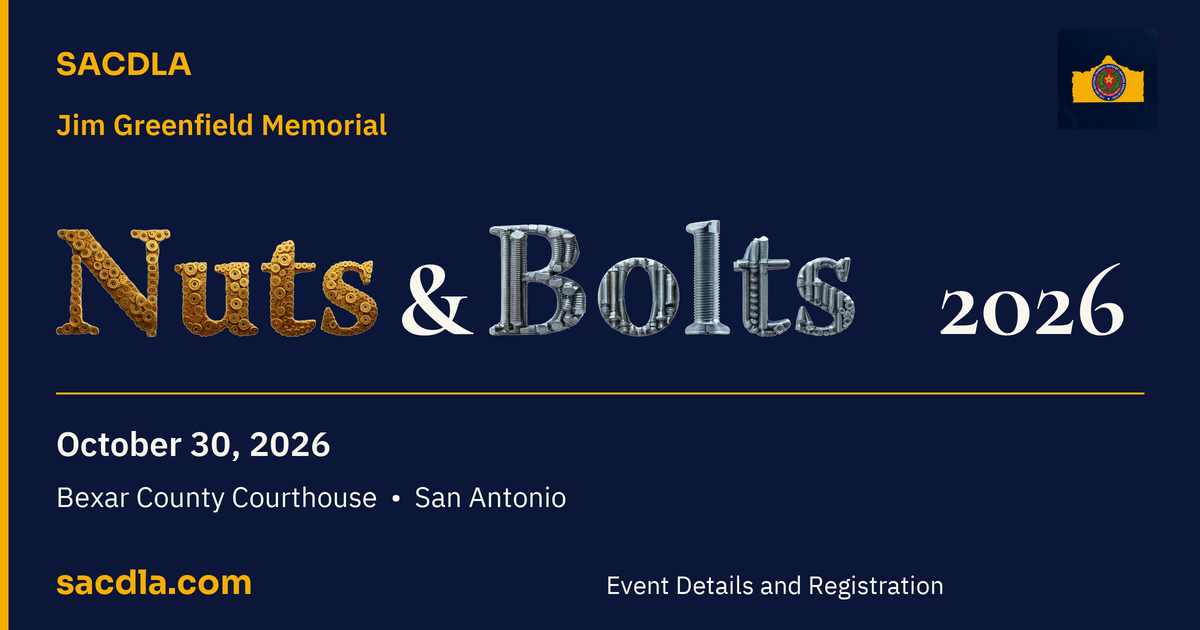 SACDLA Jim Greenfield Memorial Nuts and Bolts 2026. Original metallic title lettering reused from the supplied Nuts and Bolts Assets files. Original source notes record creation in Adobe Express on September 14, 2026. Copyright ownership and rights clearance are unverified.